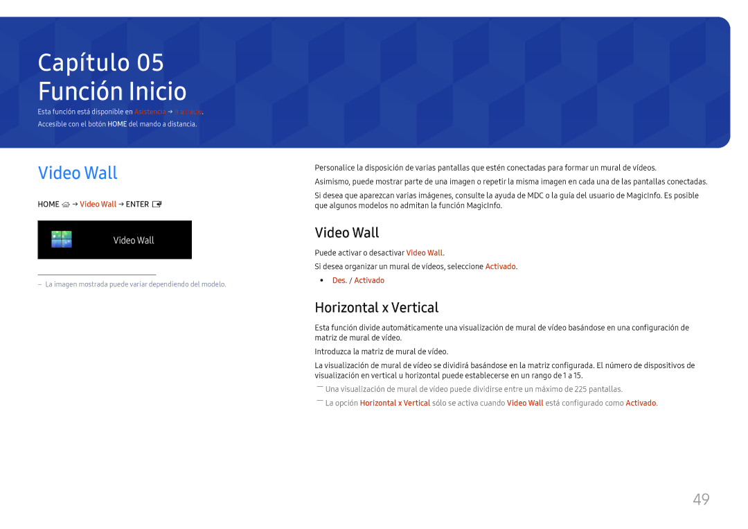 Samsung LH55UHFHLBB/EN manual Función Inicio, Video Wall, Horizontal x Vertical, Des. / Activado 