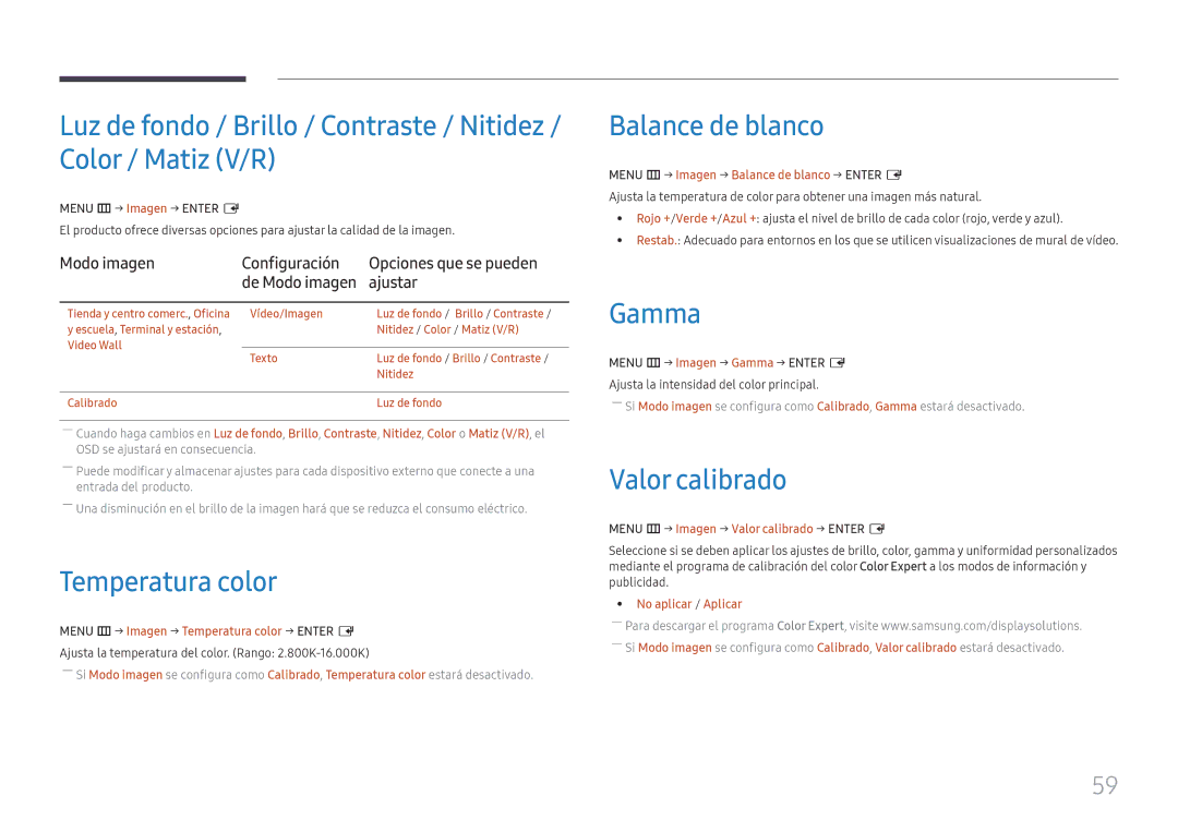 Samsung LH55UHFHLBB/EN manual Temperatura color, Balance de blanco, Gamma, Valor calibrado 