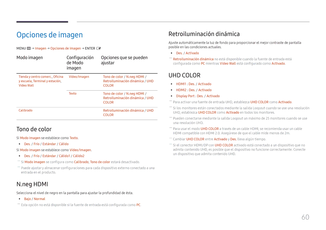 Samsung LH55UHFHLBB/EN manual Opciones de imagen, Tono de color, Neg Hdmi, Retroiluminación dinámica 