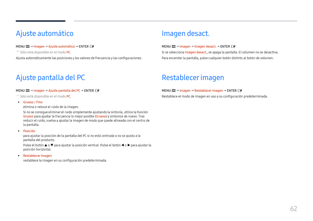 Samsung LH55UHFHLBB/EN manual Ajuste automático, Imagen desact, Ajuste pantalla del PC Restablecer imagen 