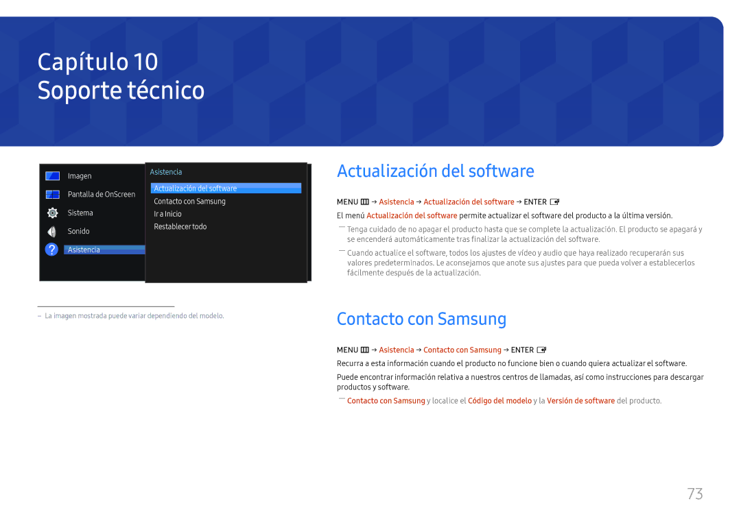 Samsung LH55UHFHLBB/EN manual Soporte técnico, Actualización del software, Contacto con Samsung 