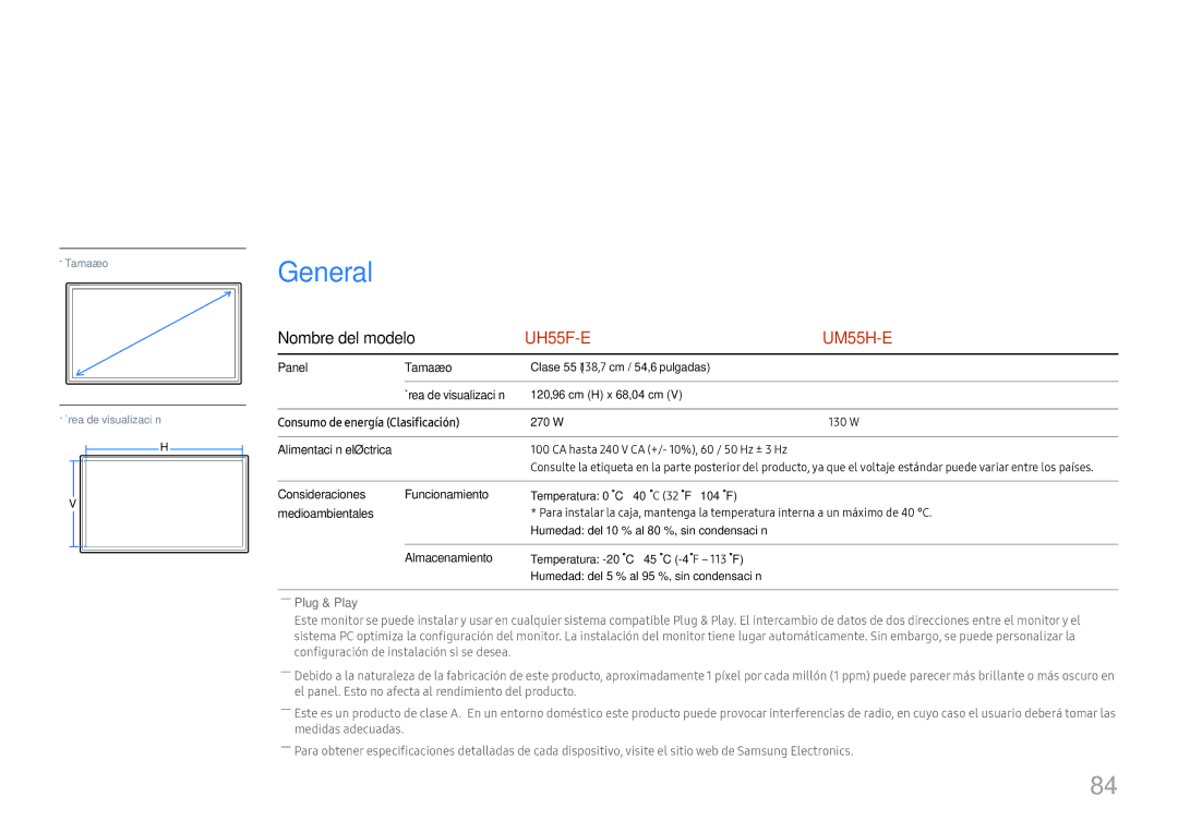 Samsung LH55UHFHLBB/EN manual Especificaciones 