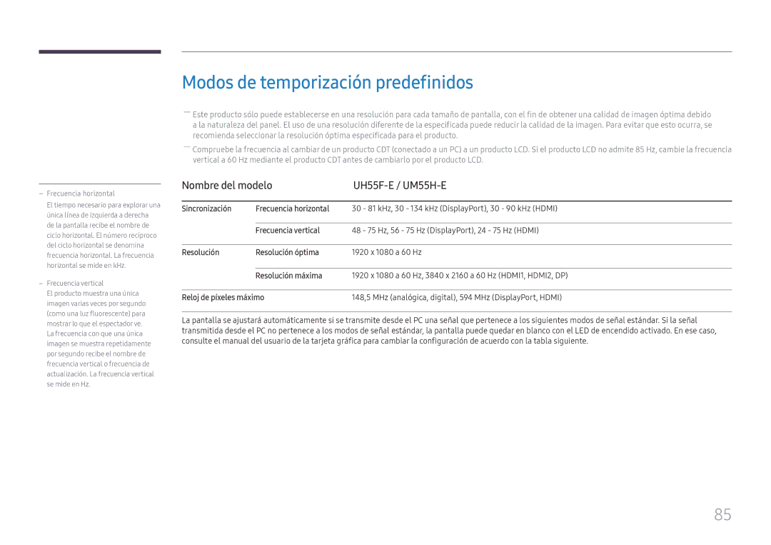 Samsung LH55UHFHLBB/EN manual Modos de temporización predefinidos, Nombre del modelo UH55F-E / UM55H-E 