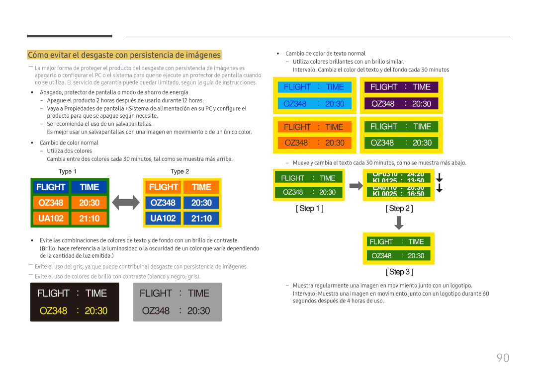 Samsung LH55UHFHLBB/EN manual Flight Time, Cómo evitar el desgaste con persistencia de imágenes 