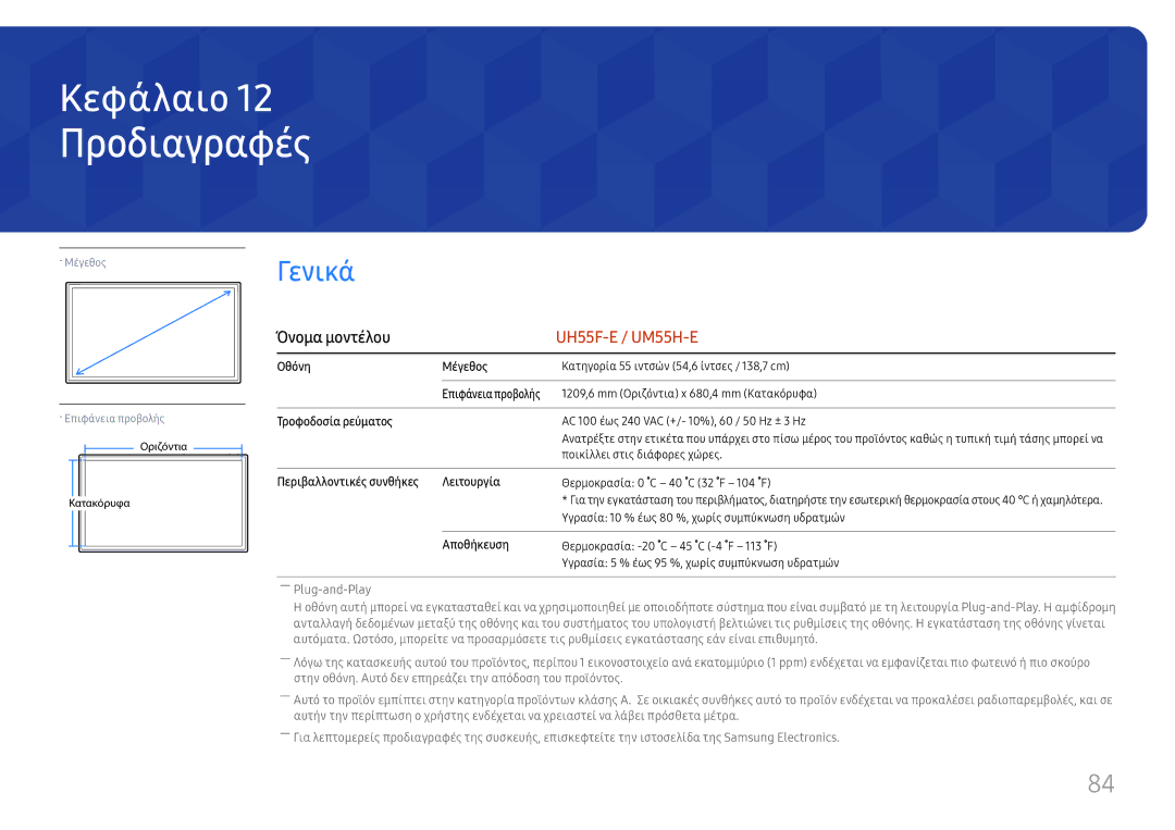 Samsung LH55UHFHLBB/EN manual Προδιαγραφές, Γενικά 