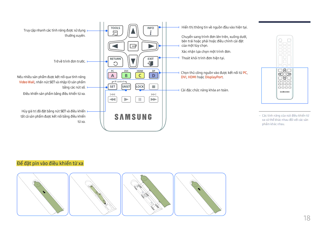 Samsung LH55UHFHLBB/XV manual Để đặt pin và̀o điề̀u khiển từ̀ xa, DVI, Hdmi hoặc DisplayPort 