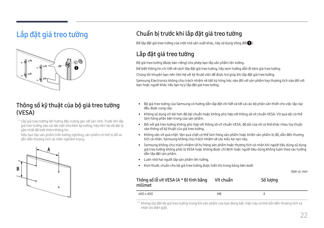 Samsung LH55UHFHLBB/XV manual Lăp đăt gia treo tường, Thông sô kỹ thuât của bộ gia treo tường Vesa 