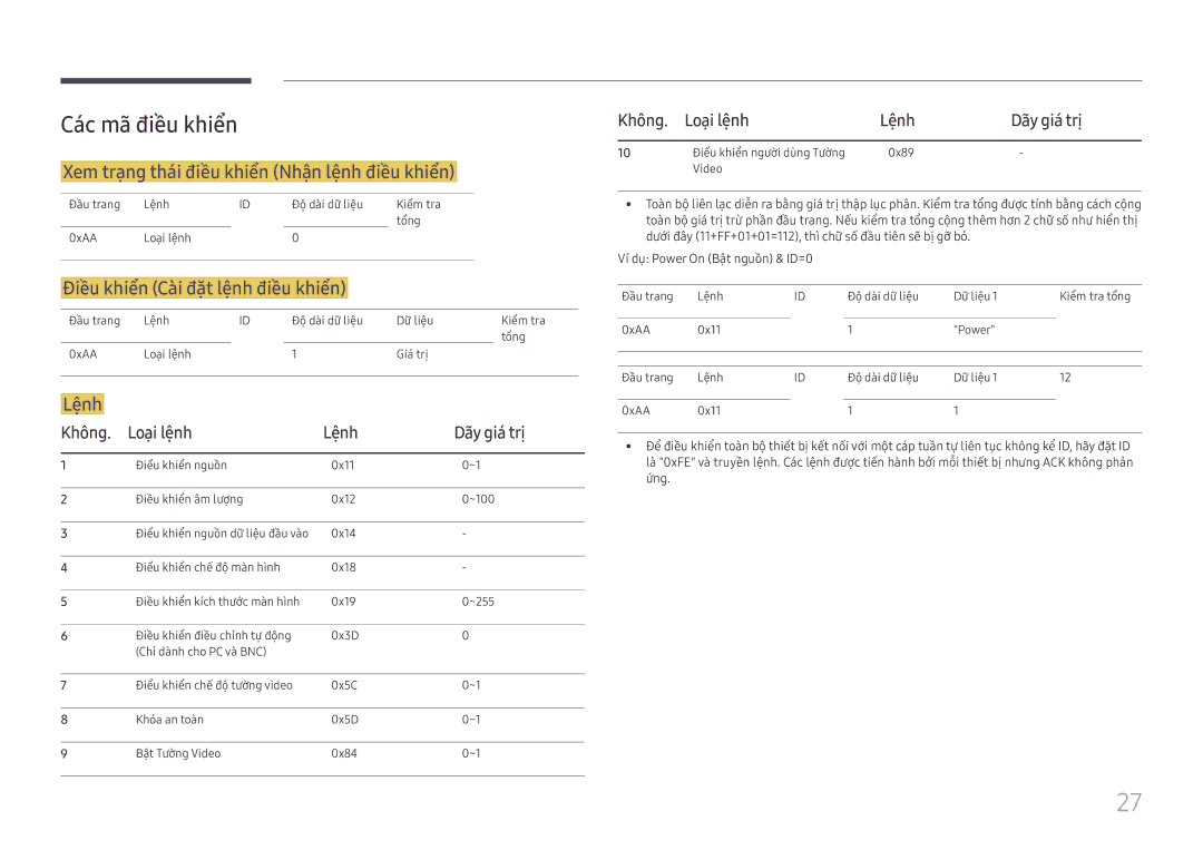 Samsung LH55UHFHLBB/XV manual Các mã điề̀u khiển, Xem trạ̣ng thái điề̀u khiển Nhận lệnh điề̀u khiển, Lênh 