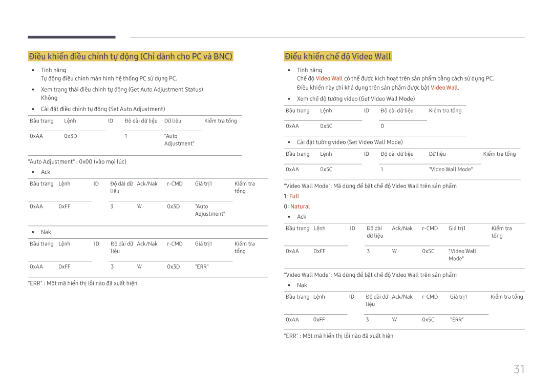 Samsung LH55UHFHLBB/XV manual Điều khiên điều chinh tư động Chi dành cho PC và̀ BNC, Điểu khiển chế độ̣ Video Wall 