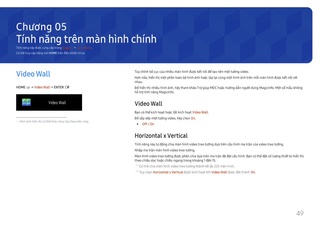Samsung LH55UHFHLBB/XV manual Tí́nh năng trên mà̀n hì̀nh chí́nh, Video Wall, Horizontal x Vertical, Off / On 