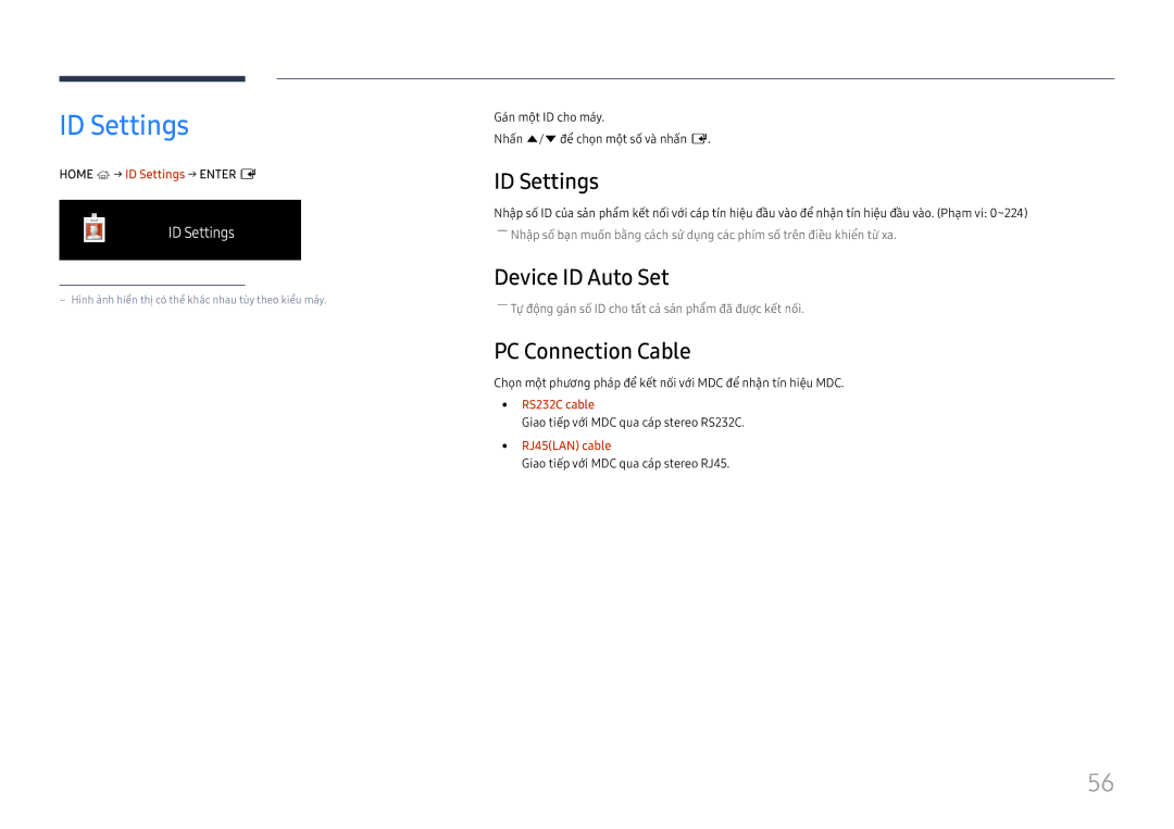 Samsung LH55UHFHLBB/XV manual ID Settings, Device ID Auto Set, PC Connection Cable 