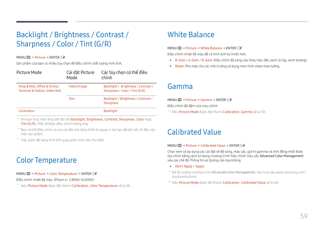 Samsung LH55UHFHLBB/XV manual Color Temperature, White Balance, Gamma, Calibrated Value 