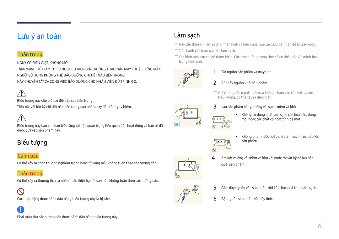 Samsung LH55UHFHLBB/XV manual Lưu ý an toàn, Biêu tượng, Làm sạch, Thân trọng 