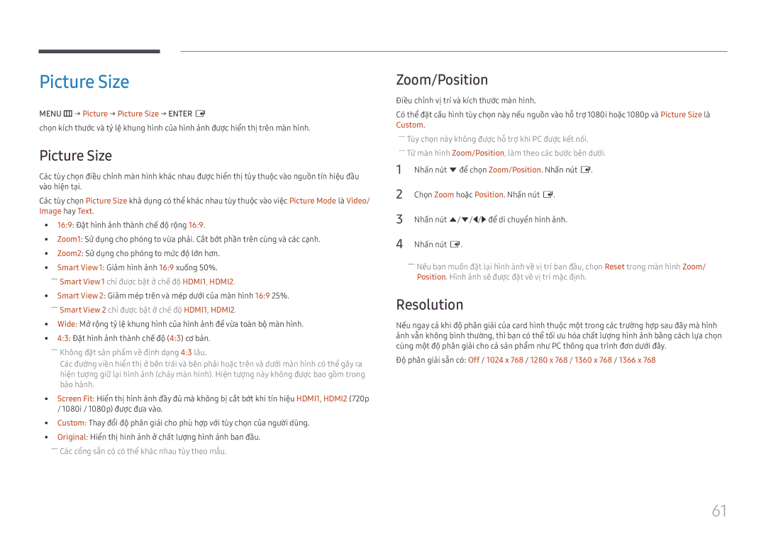 Samsung LH55UHFHLBB/XV manual Zoom/Position, Resolution, Menu m → Picture → Picture Size → Enter E 