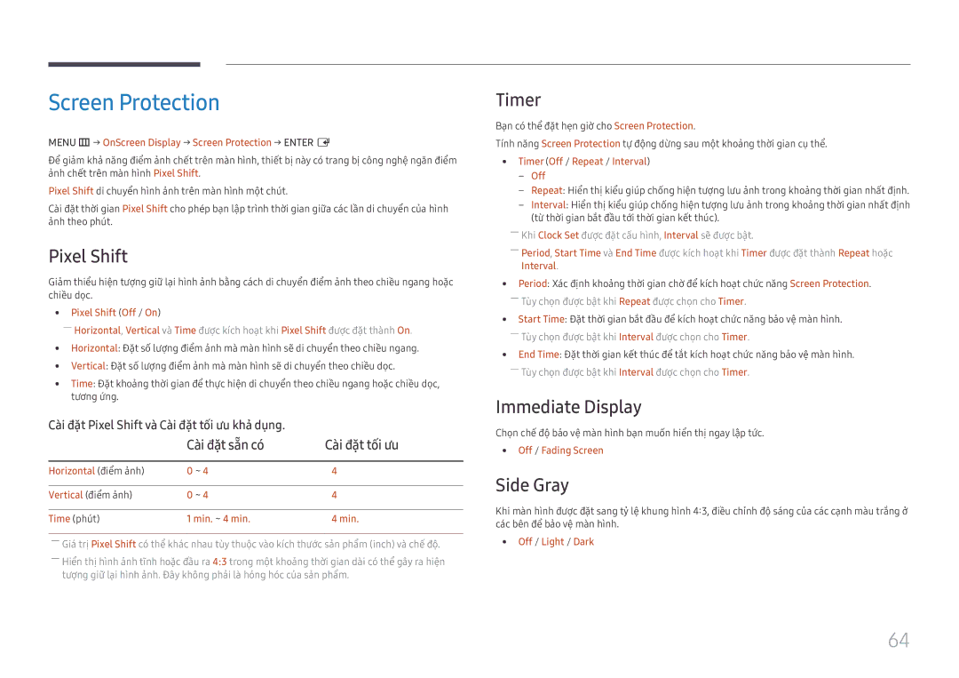 Samsung LH55UHFHLBB/XV manual Screen Protection, Pixel Shift, Timer, Immediate Display, Side Gray 