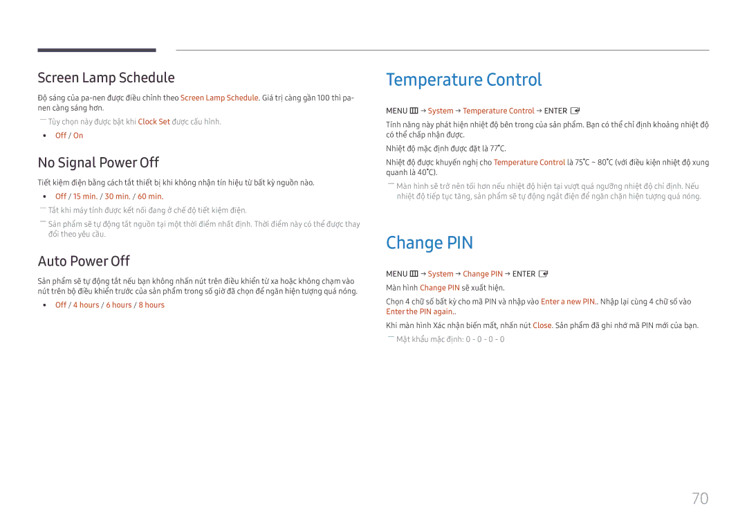 Samsung LH55UHFHLBB/XV manual Temperature Control, Change PIN, Screen Lamp Schedule, No Signal Power Off, Auto Power Off 