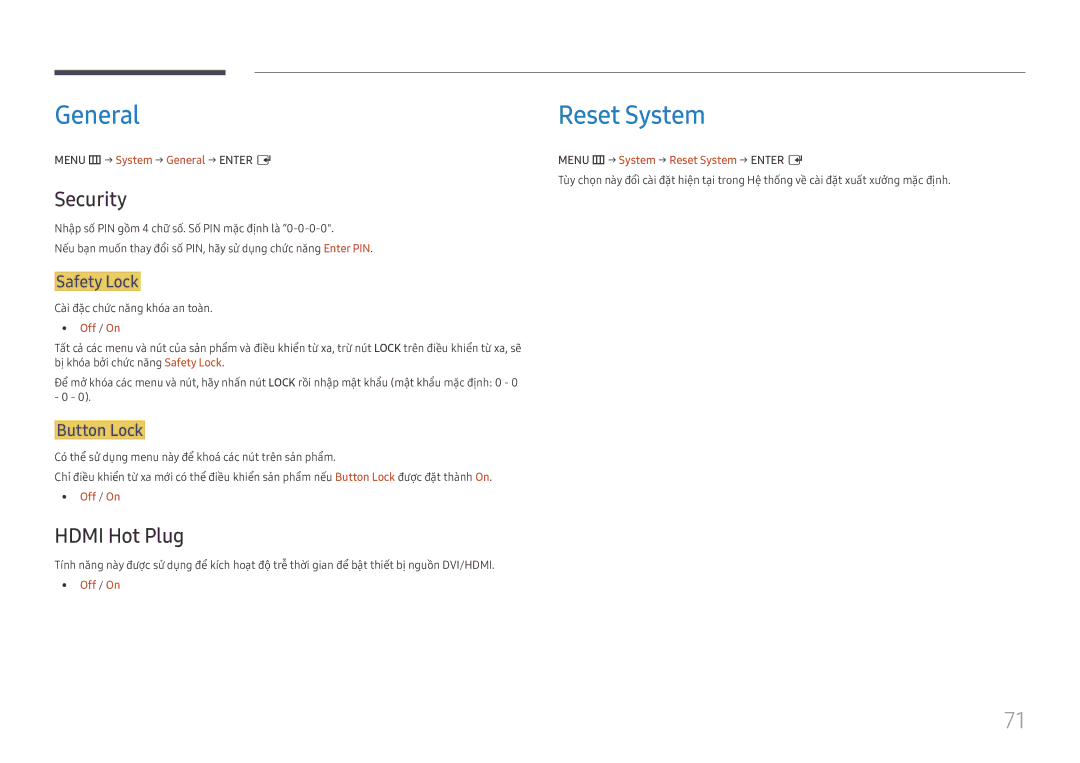 Samsung LH55UHFHLBB/XV manual General Reset System, Security, Hdmi Hot Plug, Safety Lock, Button Lock 