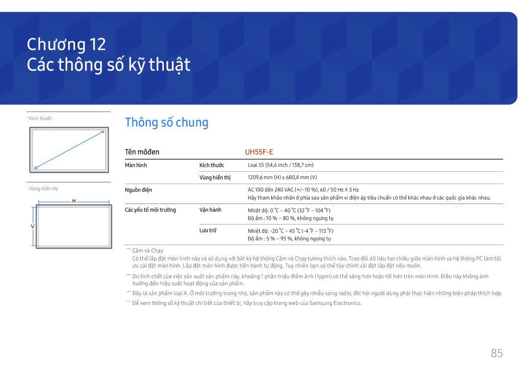 Samsung LH55UHFHLBB/XV manual Cac thông số kỹ̃ thuật, Thông sô chung, Tên môđen 