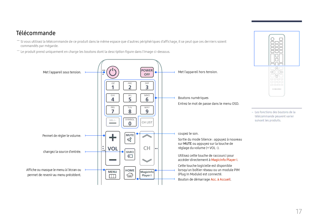 Samsung LH55UHFHLBB/EN, LH55UMHHLBB/EN manual Télécommande, Permet de régler le volume Changez la source dentrée 