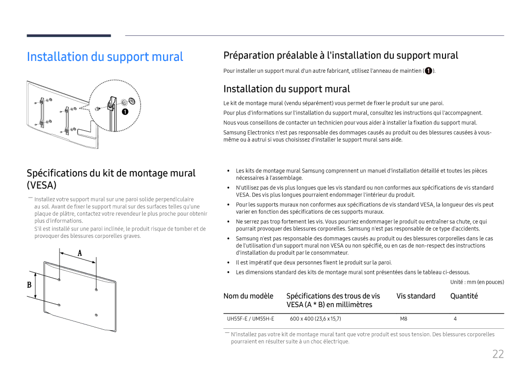 Samsung LH55UMHHLBB/EN, LH55UHFHLBB/EN manual Installation du support mural, Spécifications du kit de montage mural Vesa 