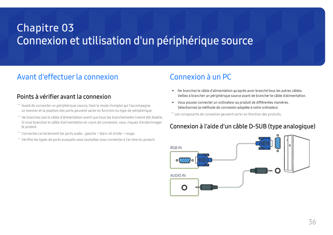 Samsung LH55UMHHLBB/EN, LH55UHFHLBB/EN Connexion et utilisation dun périphérique source, Avant deffectuer la connexion 