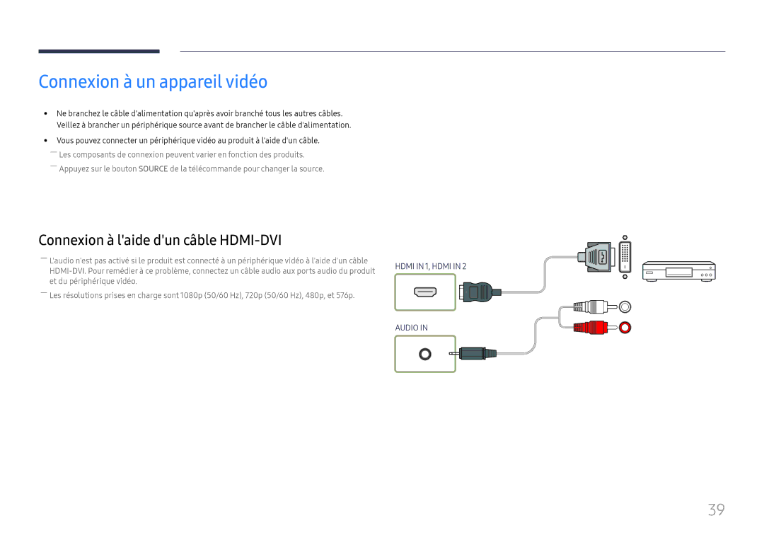 Samsung LH55UHFHLBB/EN, LH55UMHHLBB/EN manual Connexion à un appareil vidéo, Connexion à laide dun câble HDMI-DVI 