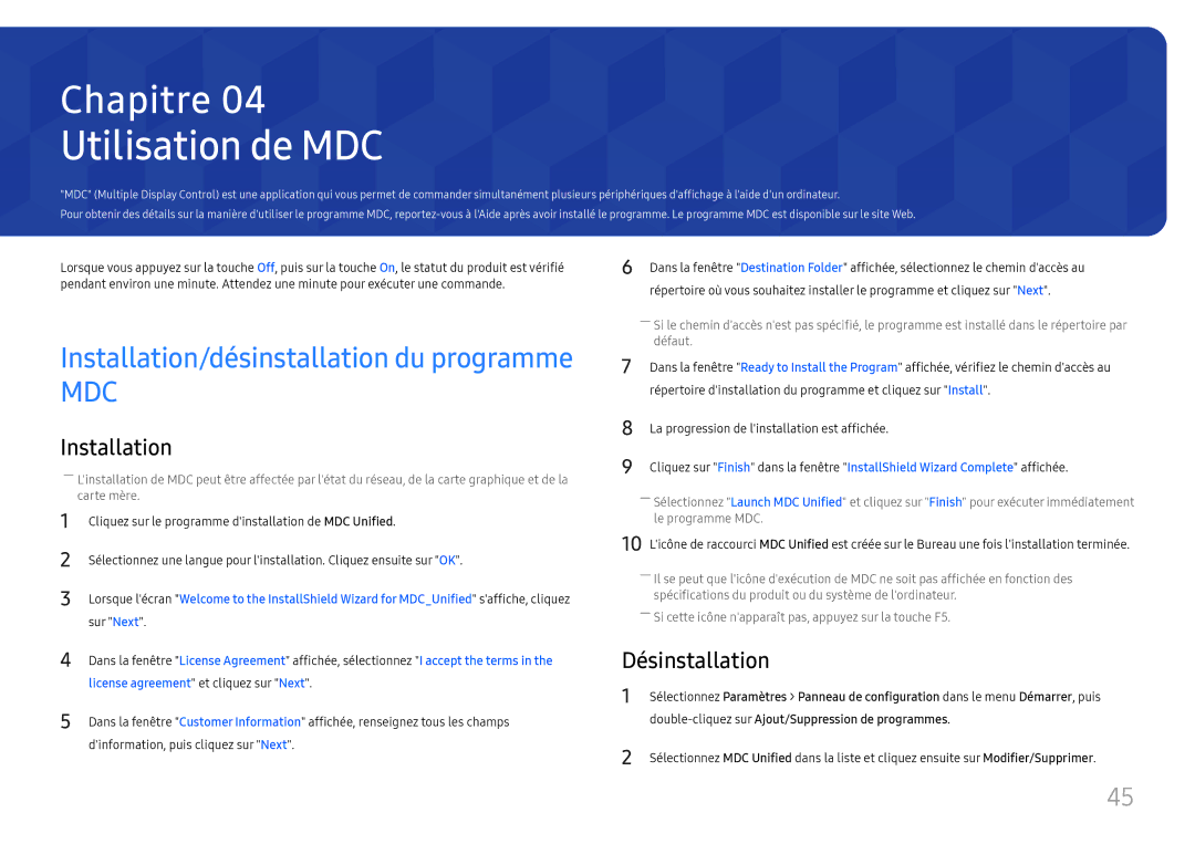 Samsung LH55UHFHLBB/EN manual Utilisation de MDC, Désinstallation, Double-cliquez sur Ajout/Suppression de programmes 