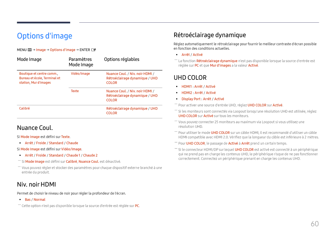 Samsung LH55UMHHLBB/EN, LH55UHFHLBB/EN manual Options dimage, Nuance Coul, Niv. noir Hdmi, Rétroéclairage dynamique 