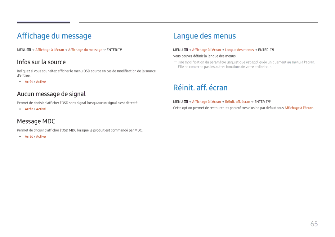 Samsung LH55UHFHLBB/EN, LH55UMHHLBB/EN manual Affichage du message, Langue des menus, Réinit. aff. écran 