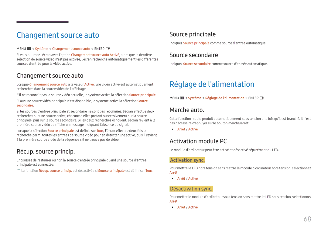 Samsung LH55UMHHLBB/EN, LH55UHFHLBB/EN manual Changement source auto, Réglage de lalimentation 