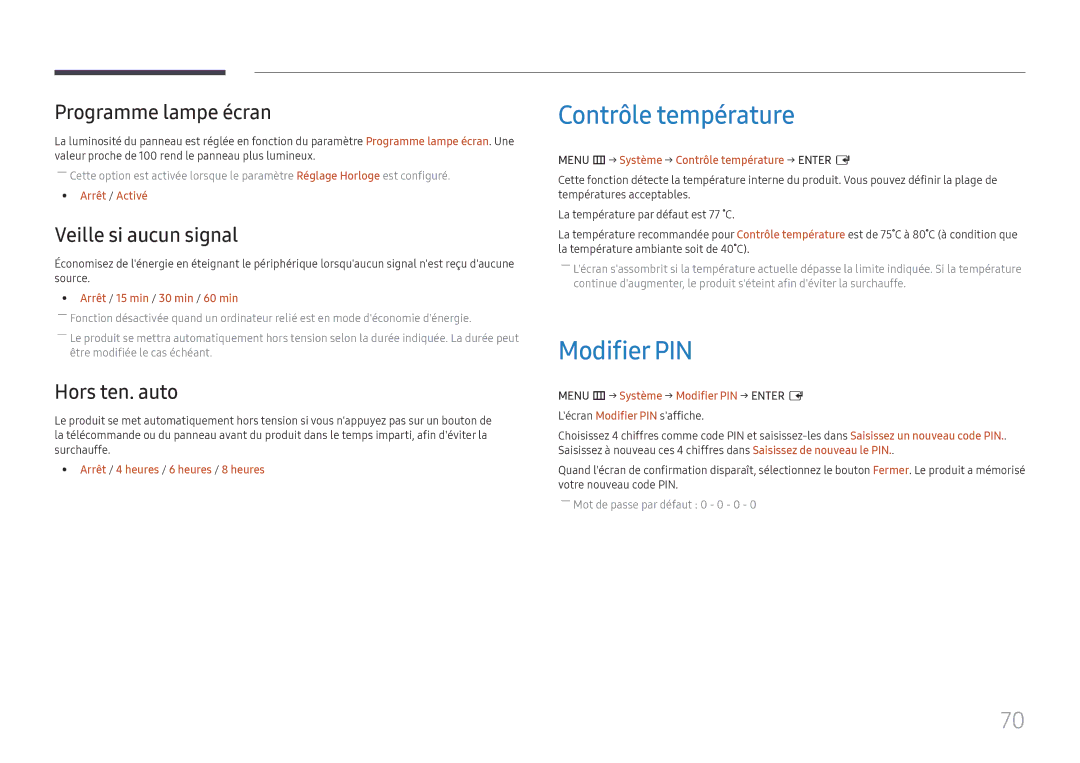 Samsung LH55UMHHLBB/EN Contrôle température, Modifier PIN, Programme lampe écran, Veille si aucun signal, Hors ten. auto 