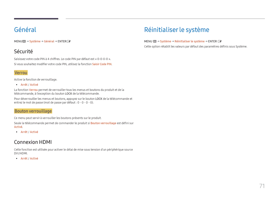 Samsung LH55UHFHLBB/EN, LH55UMHHLBB/EN Général Réinitialiser le système, Sécurité, Connexion Hdmi, Bouton verrouillage 