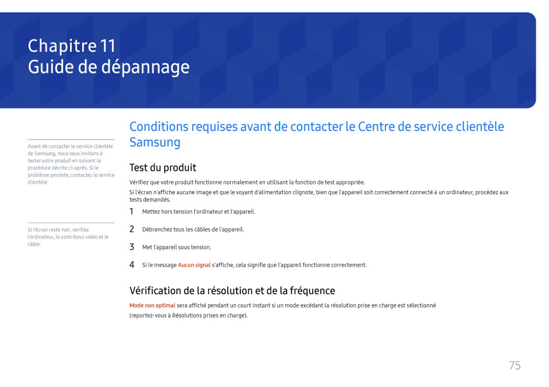 Samsung LH55UHFHLBB/EN manual Guide de dépannage, Test du produit, Vérification de la résolution et de la fréquence 