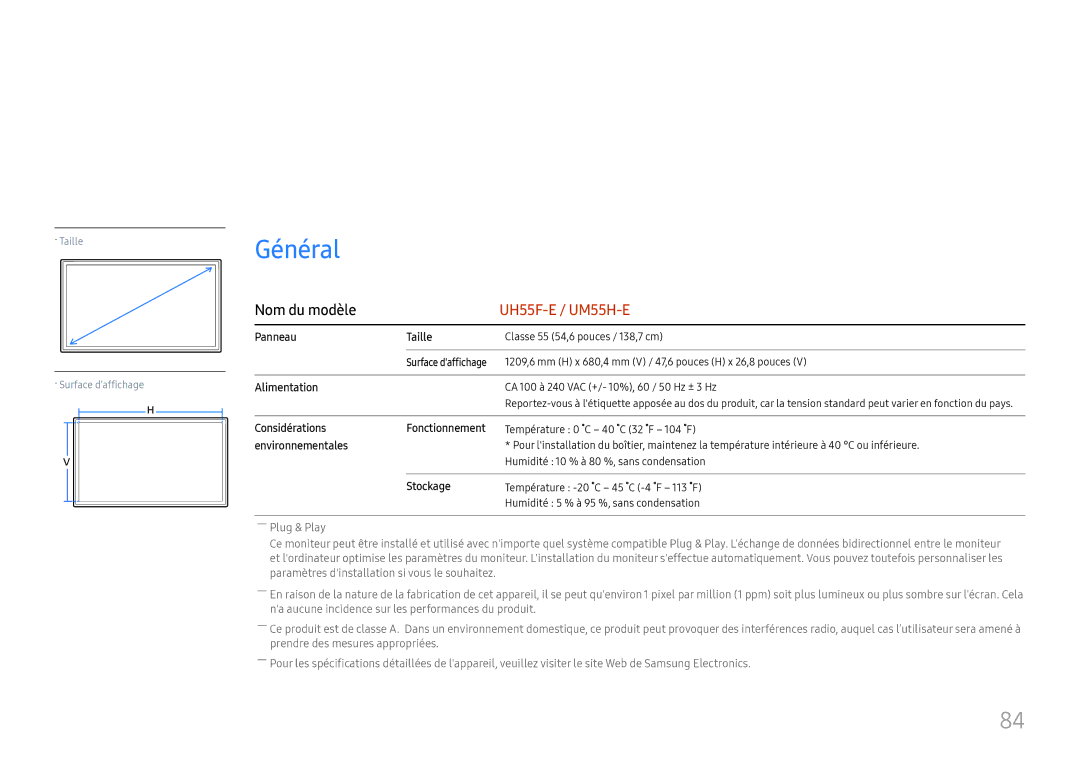 Samsung LH55UMHHLBB/EN, LH55UHFHLBB/EN manual Caractéristiques techniques, Général 