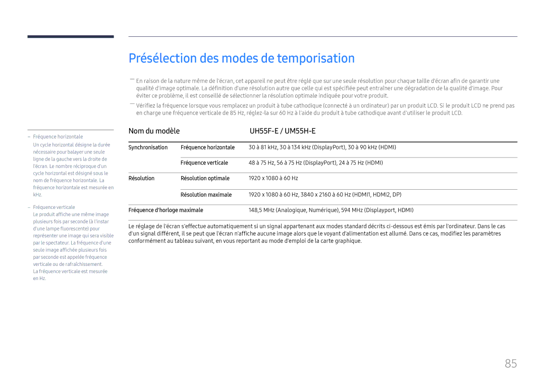 Samsung LH55UHFHLBB/EN manual Présélection des modes de temporisation, UH55F-E / UM55H-E, 60 Hz, Résolution maximale 