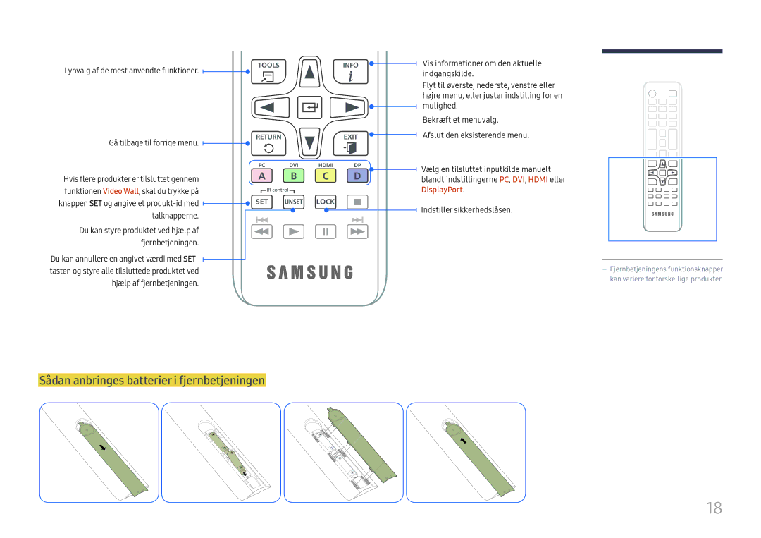 Samsung LH55UMHHLBB/EN, LH55UHFHLBB/EN manual Sådan anbringes batterier i fjernbetjeningen, Gå tilbage til forrige menu 