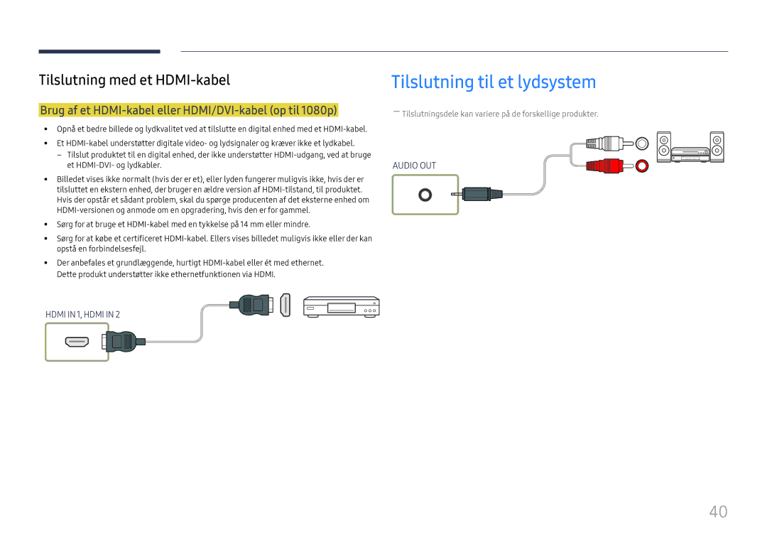 Samsung LH55UMHHLBB/EN manual Tilslutning til et lydsystem, Brug af et HDMI-kabel eller HDMI/DVI-kabel op til 1080p 