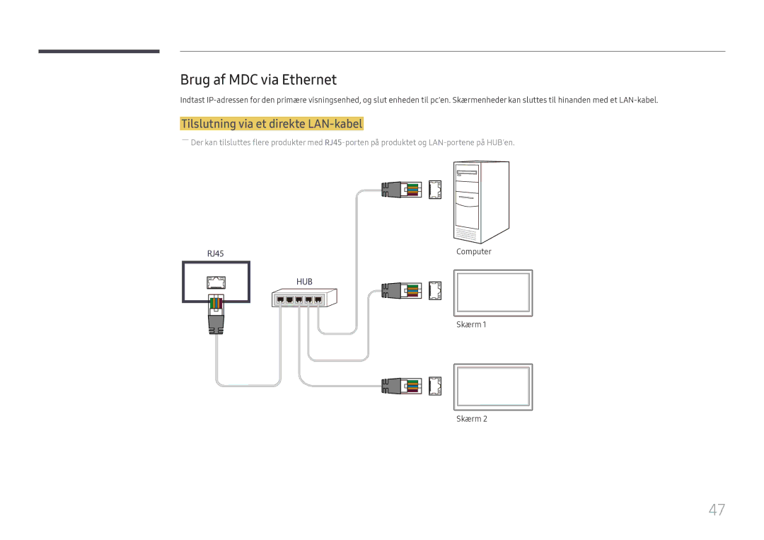 Samsung LH55UHFHLBB/EN, LH55UMHHLBB/EN manual Brug af MDC via Ethernet, Tilslutning via et direkte LAN-kabel 