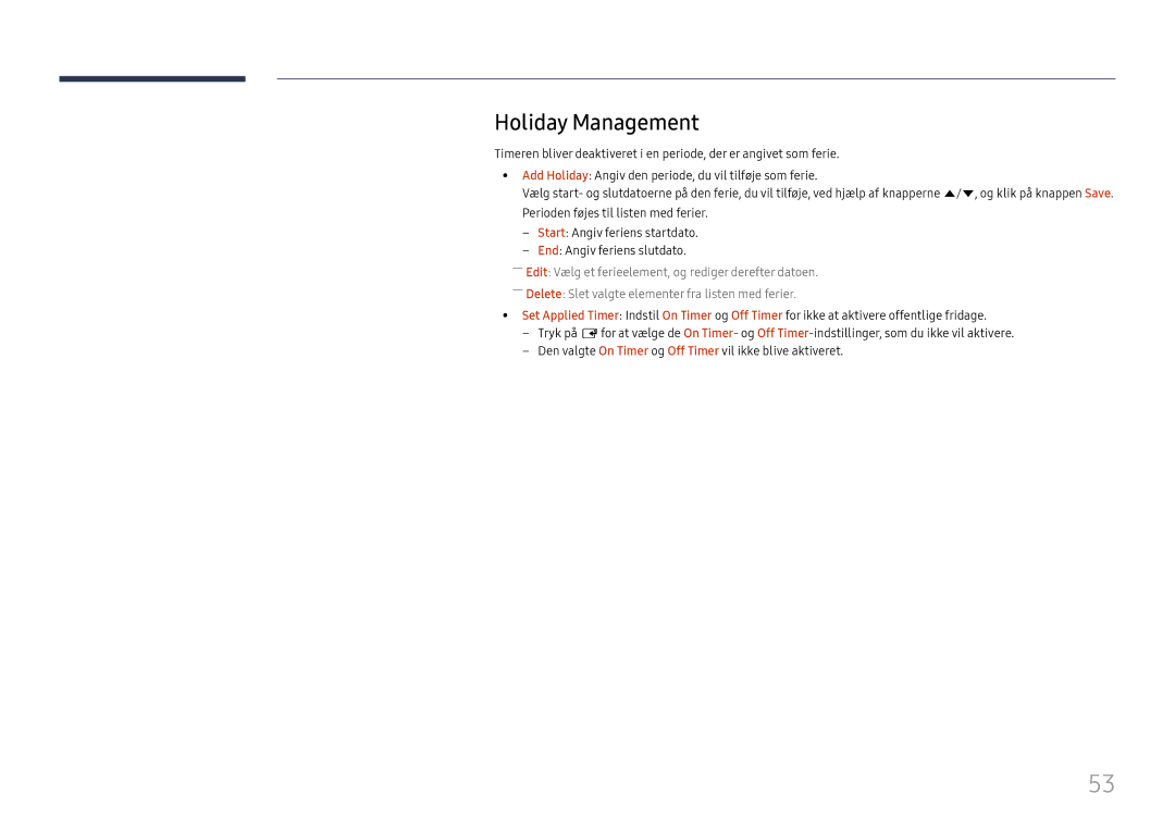 Samsung LH55UHFHLBB/EN, LH55UMHHLBB/EN manual Holiday Management 