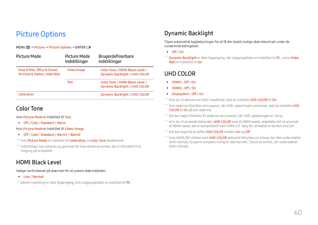 Samsung LH55UMHHLBB/EN, LH55UHFHLBB/EN manual Picture Options, Color Tone, Hdmi Black Level, Dynamic Backlight 