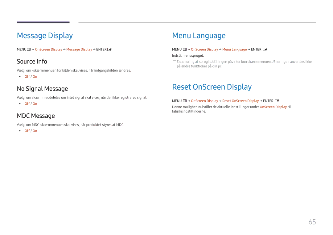 Samsung LH55UHFHLBB/EN, LH55UMHHLBB/EN manual Message Display, Menu Language, Reset OnScreen Display 