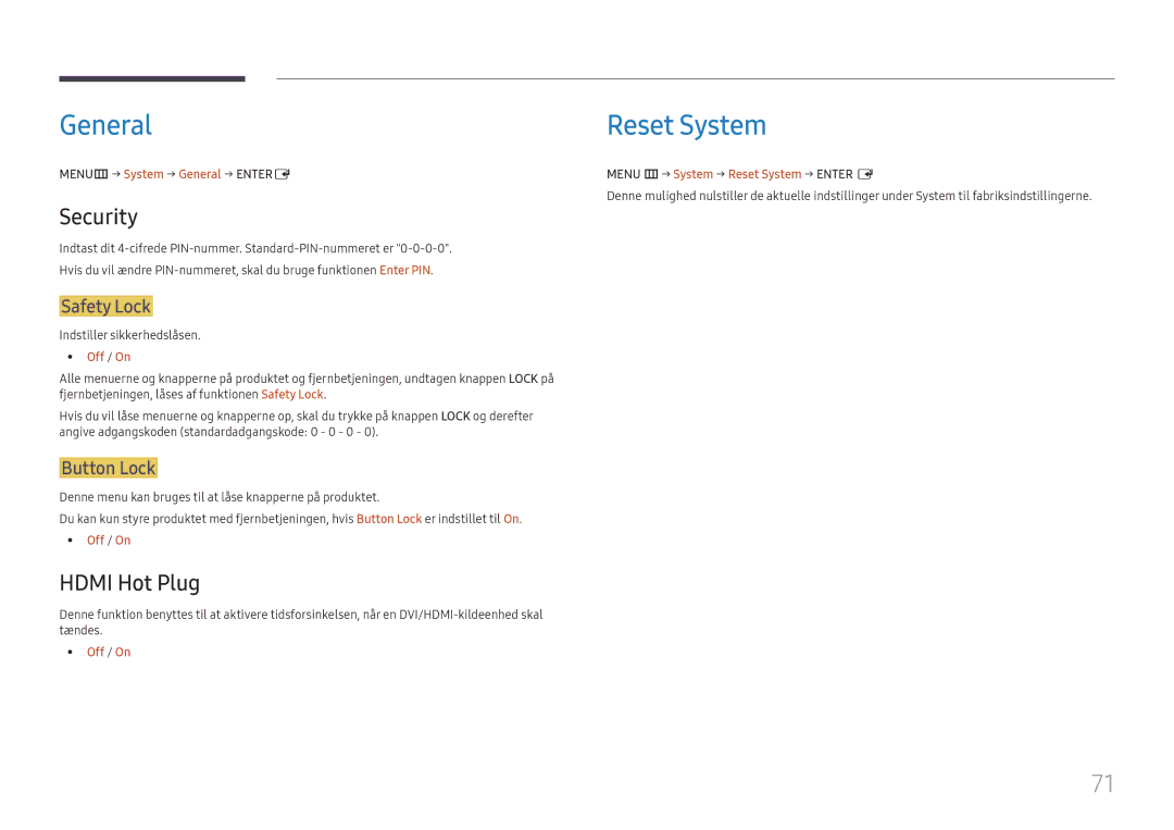 Samsung LH55UHFHLBB/EN, LH55UMHHLBB/EN manual General Reset System, Security, Hdmi Hot Plug, Safety Lock, Button Lock 