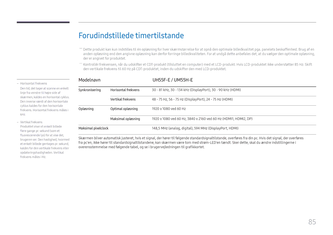 Samsung LH55UHFHLBB/EN, LH55UMHHLBB/EN manual Forudindstillede timertilstande, Modelnavn UH55F-E / UM55H-E 