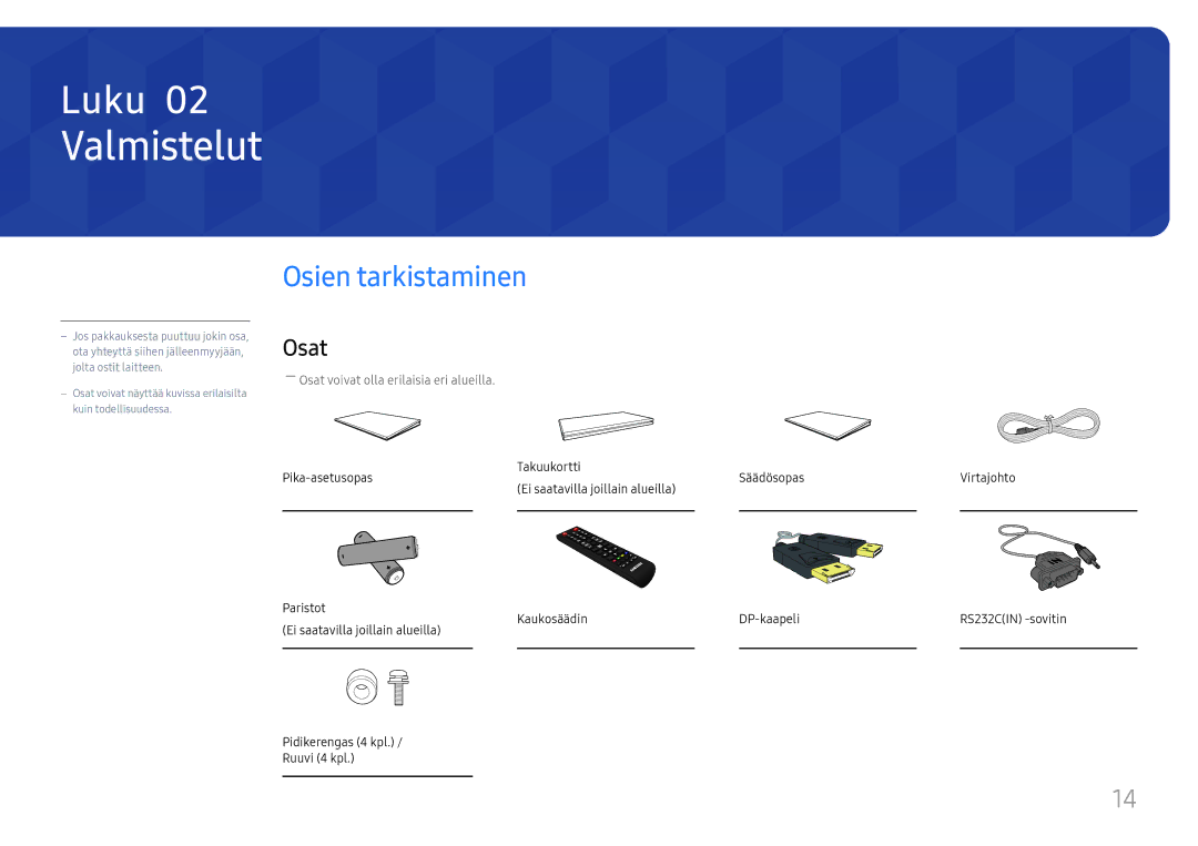 Samsung LH55UMHHLBB/EN, LH55UHFHLBB/EN manual Valmistelut, Osien tarkistaminen, Osat 