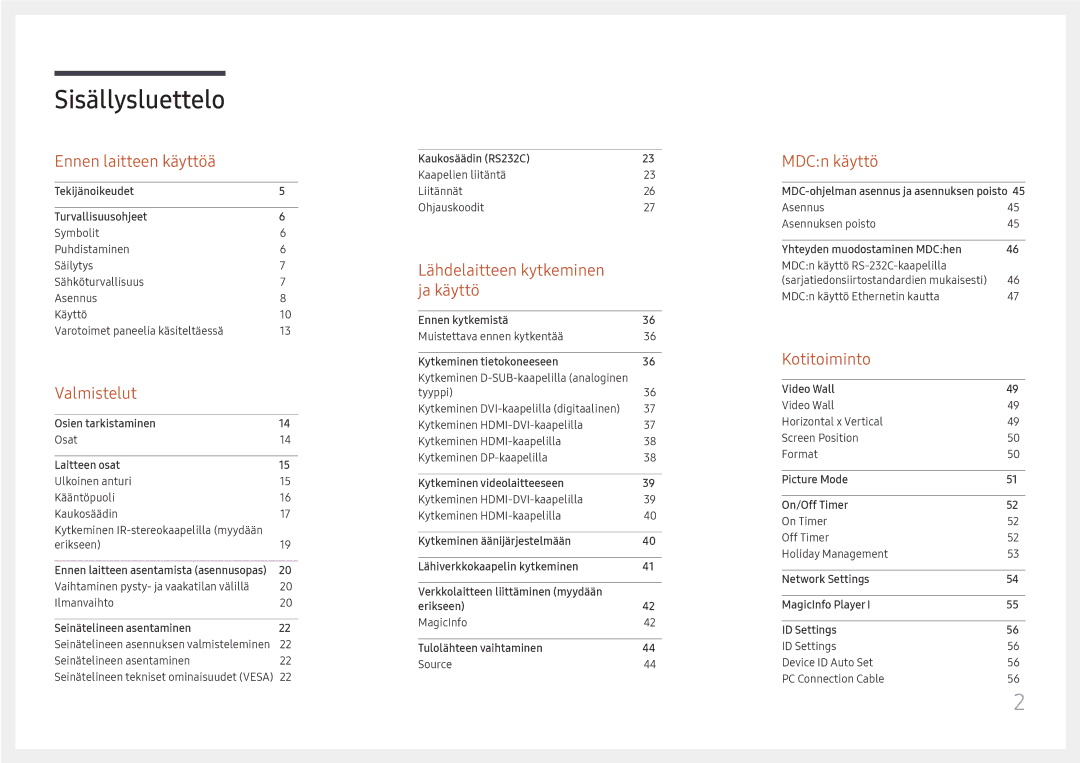 Samsung LH55UMHHLBB/EN, LH55UHFHLBB/EN manual Sisällysluettelo 