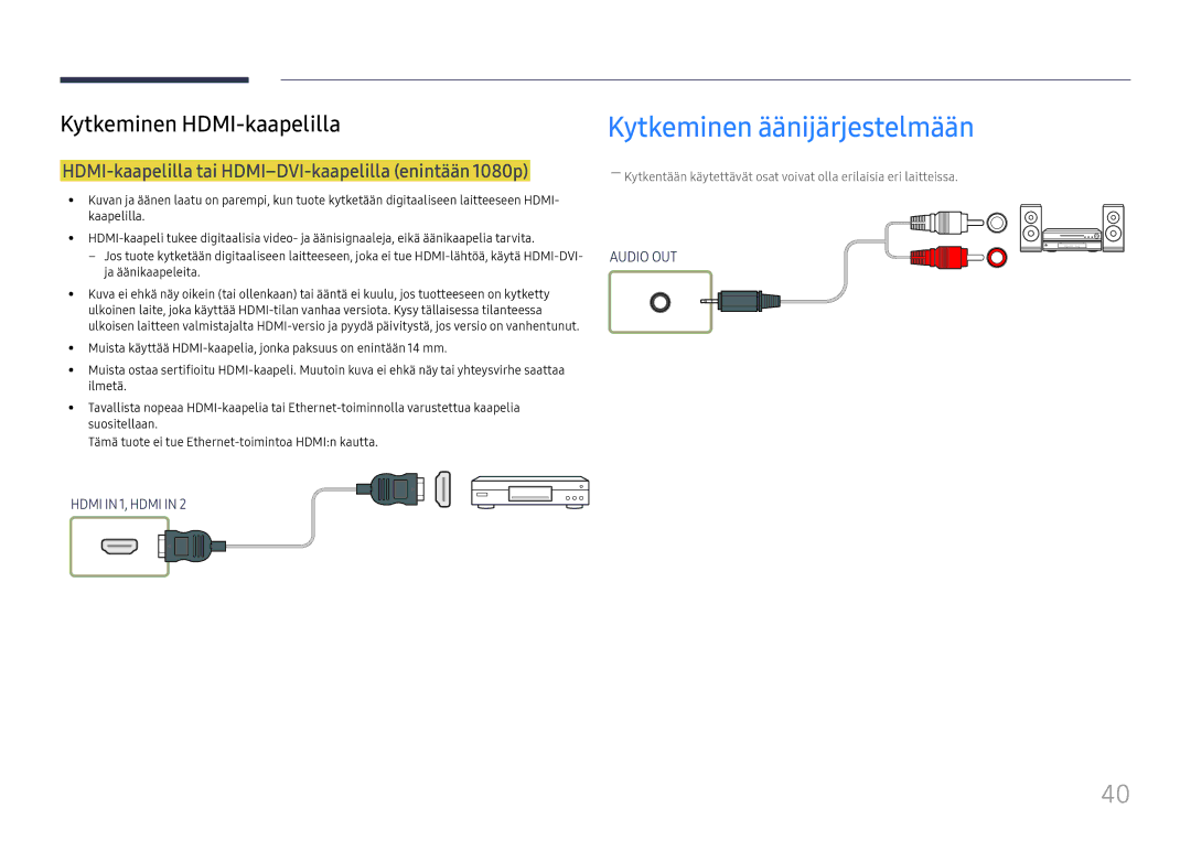 Samsung LH55UMHHLBB/EN manual Kytkeminen äänijärjestelmään, HDMI-kaapelilla tai HDMI-DVI-kaapelilla enintään 1080p 