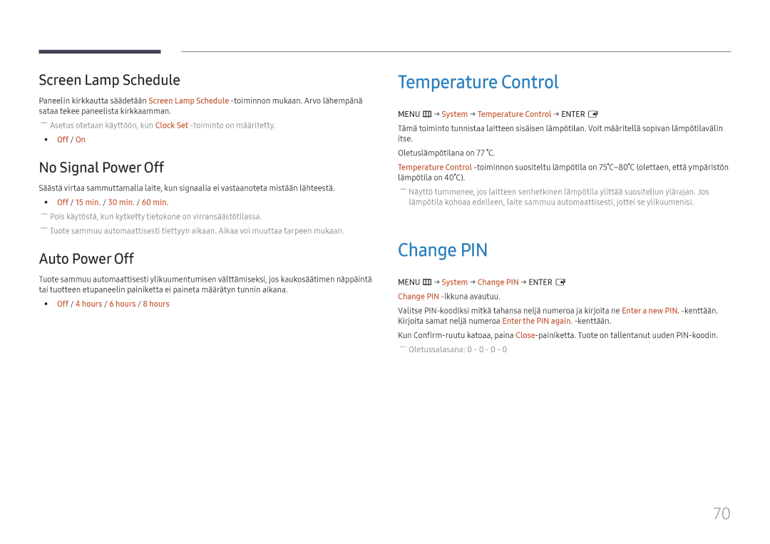 Samsung LH55UMHHLBB/EN manual Temperature Control, Change PIN, Screen Lamp Schedule, No Signal Power Off, Auto Power Off 