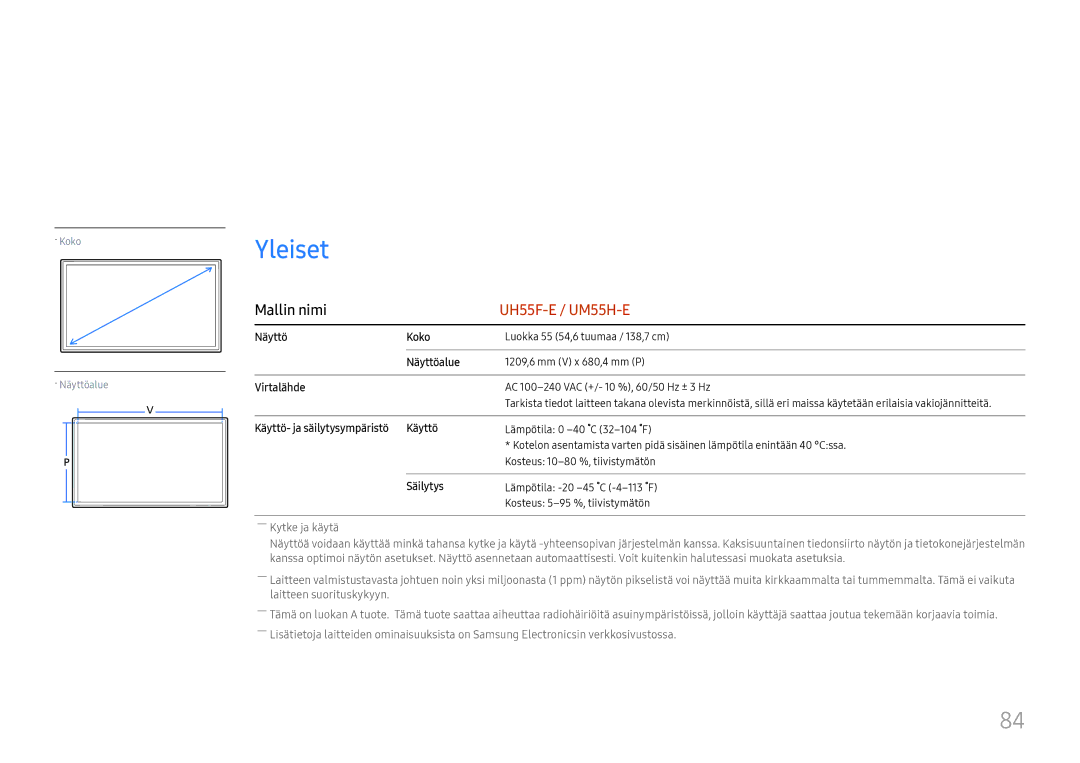 Samsung LH55UMHHLBB/EN, LH55UHFHLBB/EN manual Tekniset tiedot, Yleiset 