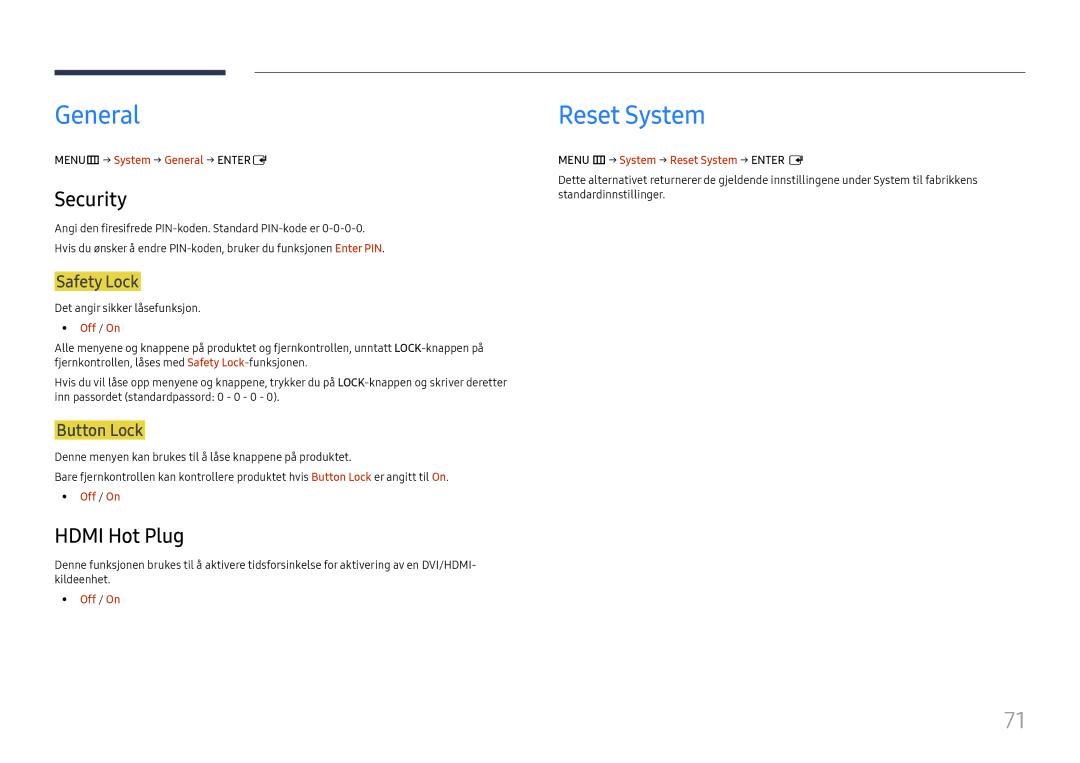 Samsung LH55UHFHLBB/EN, LH55UMHHLBB/EN manual General, Reset System, Security, Hdmi Hot Plug 