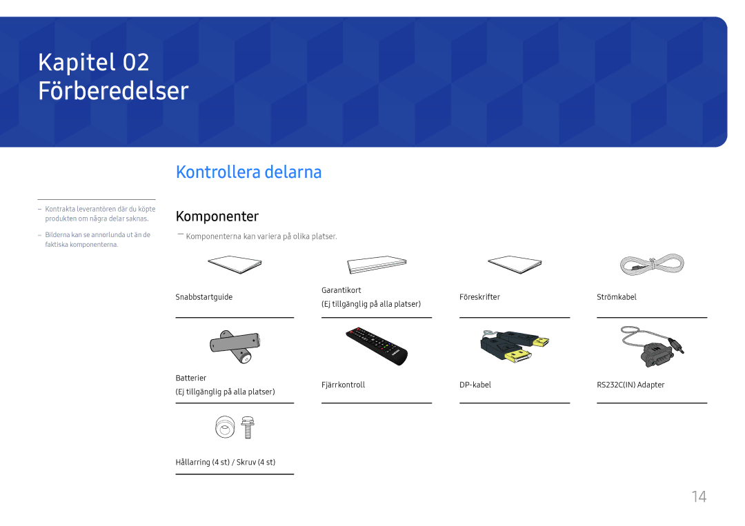 Samsung LH55UMHHLBB/EN, LH55UHFHLBB/EN manual Förberedelser, Kontrollera delarna, Komponenter 